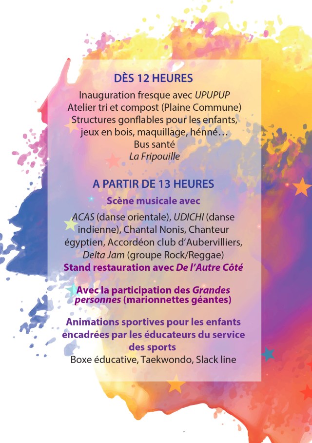 Affiche verso Fête de quartier Paul Bert à Aubervilliers le 23 septembre 2017